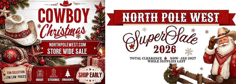 North pole West Cowboy Christmas 2026 Sale banner with Cowboy Santa